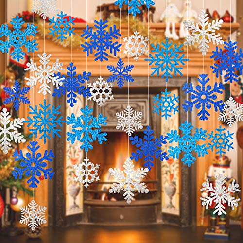 Whaline Snowflake Cut-Outs 48Pcs Glitter Blue Silver Snowflake Cutouts Double-Sided Holiday Cut-Outs with Glue Point for W...