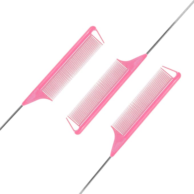 Rat Tail Combs Set - 3 Pack Long Steel Pin Combs for Hair Stylists, Parting and Teasing, Great for All Hair Types (Pink)