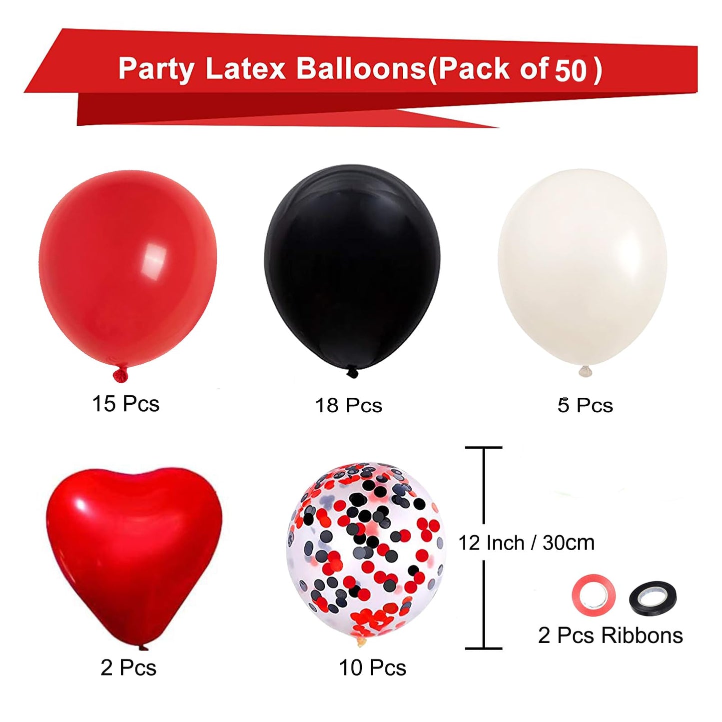 Red and Black Latex Balloons, 50Pcs 12inch Black Red White Party Balloons for Birthday,Wedding,Baby Shower,Casino Party, Race Car Party,Valentine's Day