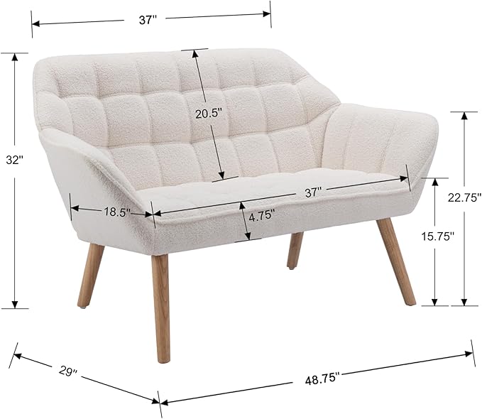 Hyfirm Small Loveseat Sofa, 48 inch Love Seat for Living Room Comfy Sherpa Mini Couch with Wood Legs for Small Spaces Bedroom Apartment Office, White