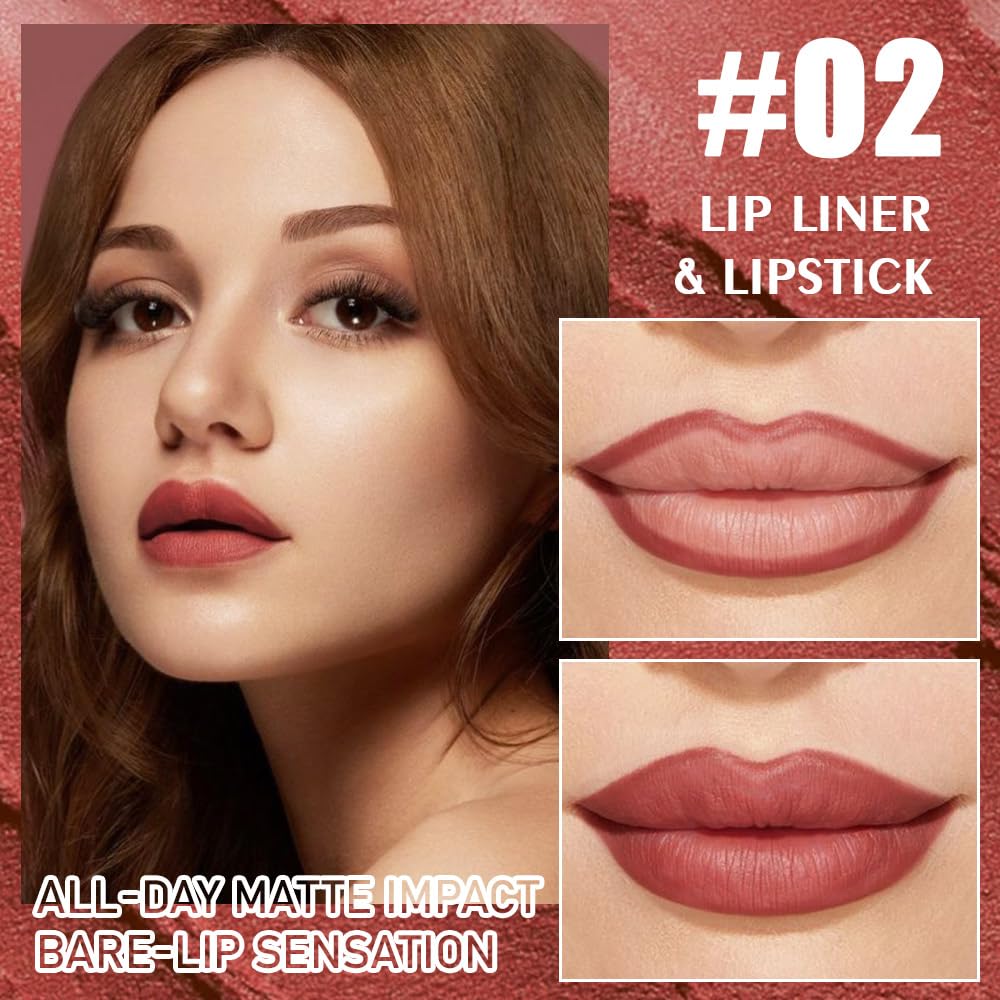 2-in-1 Brown Matte Lip Liner & Lipstick Combo Set,Lips Kit with Lip Liner Lip Stains Long Lasting Waterproof Smudge Proof for Ol
