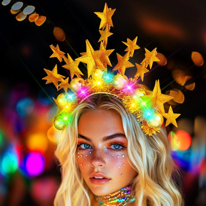 JONKY Light up Star Headband Gold Ball Hair Band Glow Rave Costume Hair Accessories for Women