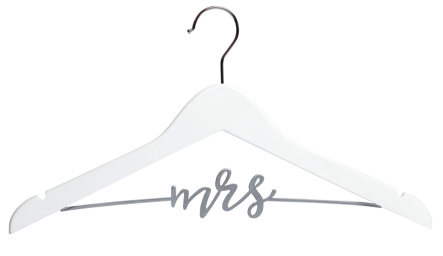Pearhead Mrs. Wedding Dress Hanger – Elegant Wooden Bridal Keepsake with Cursive Wire Lettering, Perfect Photo Prop and Gift for Bride, White and Silver