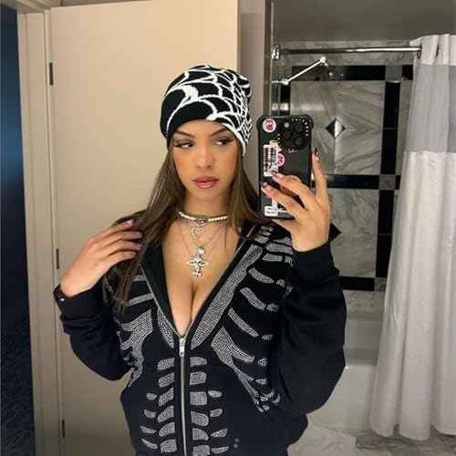 Pooyikoi Y2K Gothic Spider Pattern Wool Acrylic Knitted Hat Women Beanie Winter Warm Beanies Men Casual Skullies Outdoor Black