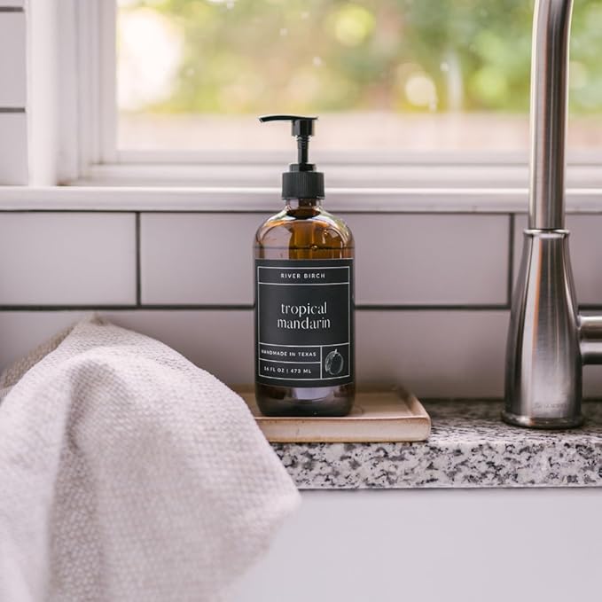 River Birch Tropical Mandarin Scented Natural Hand Soap - Handmade Soap - Moisturizing Hand Wash with Amber Glass Dispenser - Luxury Scented and Hydrating - Vegan and Non-Toxic - 16 Fl Oz