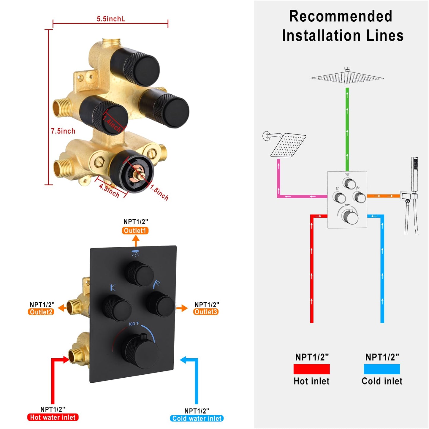 NPYSVSSS Dual Shower Heads Shower System with 16" Ceiling Mounted Rain Shower Head & 6" Wall Mounted Head Full Body Shower System 3 Way Thermostatic Shower Valve Can All Run Together, Matte Black