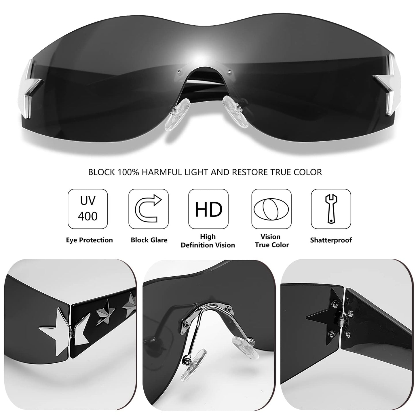 Haqptul Rimless Y2K Sunglasses Star Wrap Around Glasses 2000S Accessories for Women Men Trendy Fashion Cool Shield Shades (Transparent)