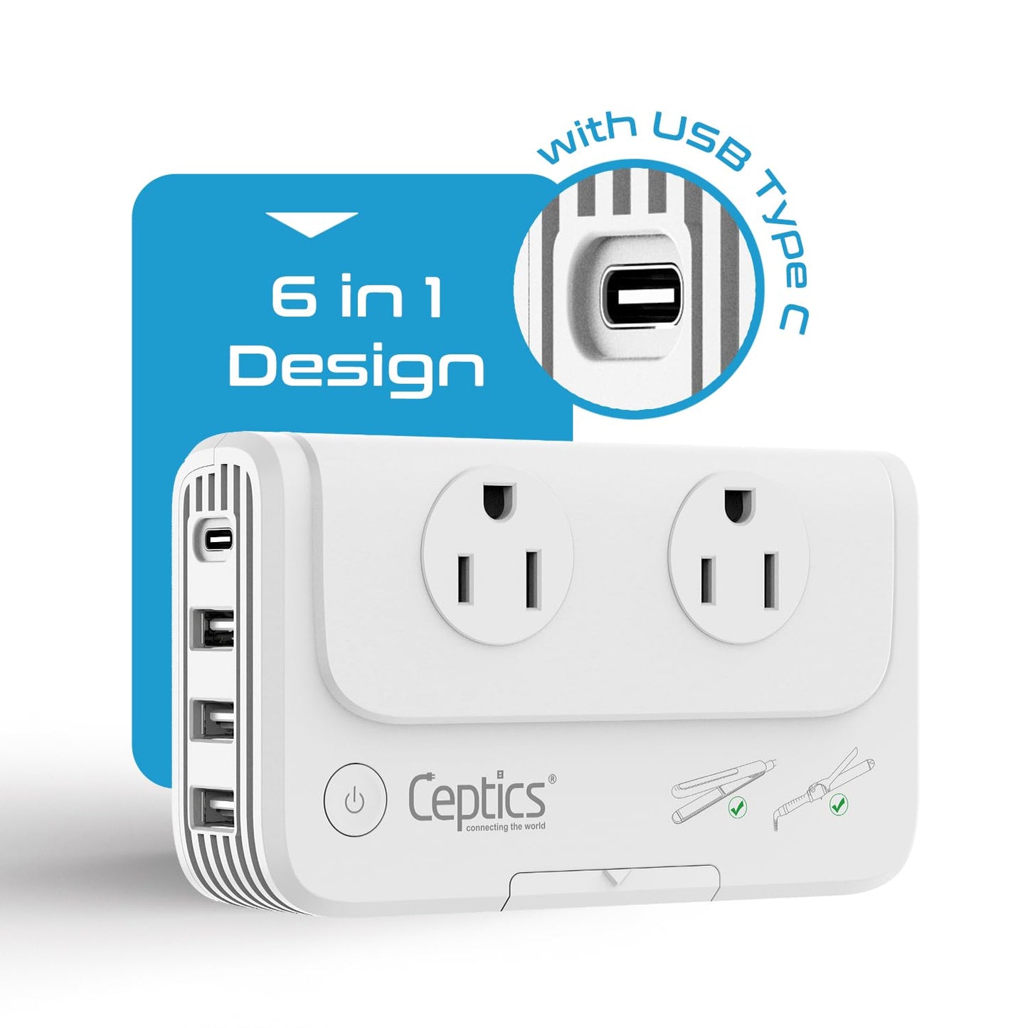 Ceptics Egypt, Dubai, Jordan Voltage Converter, Convert 220V To 110V For Devices Like Curling Iron Straightener Chargers 4 Usb P