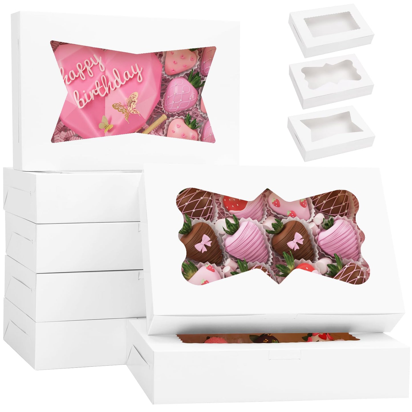 TOMNK 7pcs Cookie Boxes, 12x8x2.5 Inches White Bakery Boxes with 3 Style Window for Chocolate Covered Strawberries, Treats, Breakable Heart, Pastries, Desserts and Cake Pops