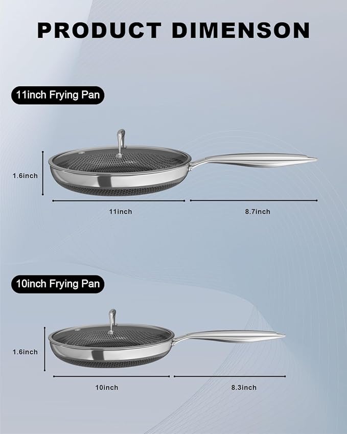 FogDream 2 Pcs Non Stick Frying Pans with 2 Lids, 10 & 11 Inch Stainless Steel Skillets, Tri-Ply Stainless Steel for All Cooktops, Dishwasher & Oven-Safe Cooking Pan, Stay-Cool Handle, Silver