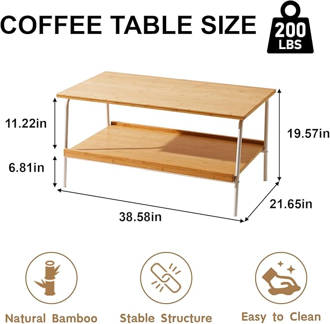 Baveke Bamboo 2 Layer Coffee Table - Tier Storage Mid Century Modern Farmhouse Center Table for Living Room, Bedroom, Office, Patio(Natural)