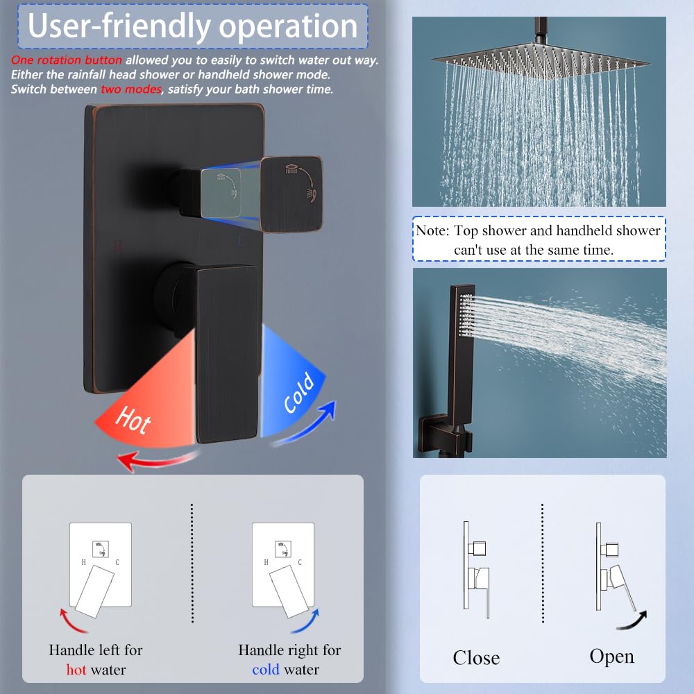 YCAIKOI 12 Inch Oil Rubbed Bronze Ceiling Mount Shower System Bathroom Luxury Rain Mixer Shower Combo Set Ceiling Rainfall Shower Head System Faucet Contain Rough-in Valve and Trim Included