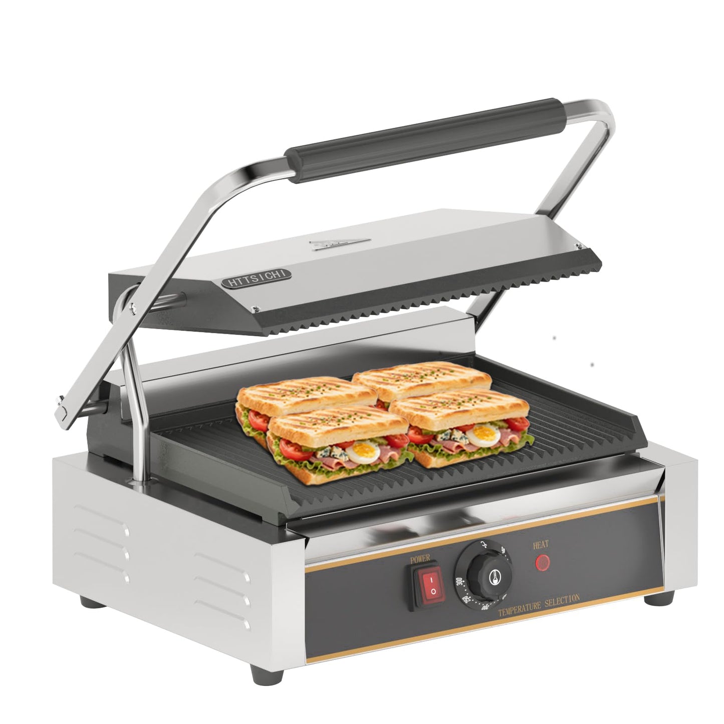 HTTSICHI Commercial Panini Press - 2200W Commercial Electric Panini Sandwich Grill w/Nonstick Coating & Adjustable Temp, Panini Grill Press w/ 9"x9" Cooking Pan, Double-sided Heating