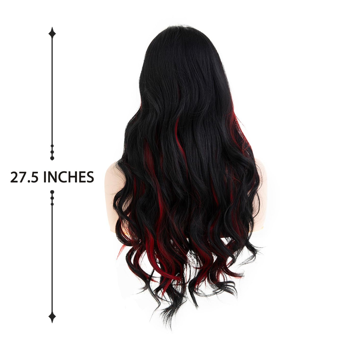 Sallcks Long Ombre Black Red Lace Wigs for Women 27.5 inch Long Wavy Middle Part Red Highlight Cosplay Costume Halloween Wig
