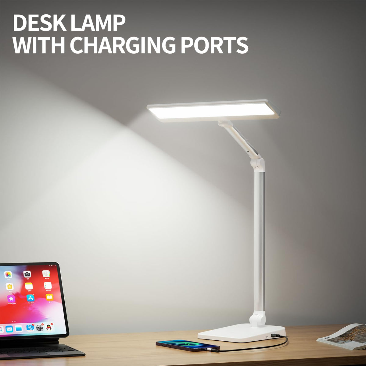 LED Desk Lamp for Office Home, 23W 1000LM DC Adapter Table Lamp with USB A+C Dual Charging Port, Eye-Caring Desk Light 3 Brightness Lamp for Reading, Study, Workbench, Crafting, Sewing, Puzzle