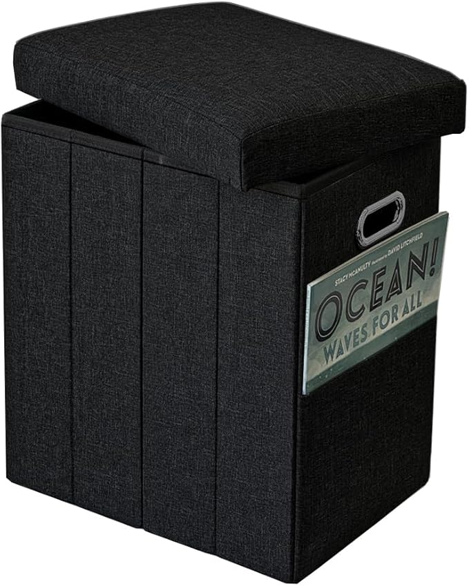 Emosoon Tall Ottoman with Storage Collapsible Fabric Small Slim Folding Ottoman Furniture with Handles Lid for Room Footrest Foot Stool Linen Black 16.5x16.5x11.8in
