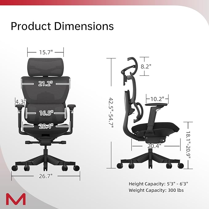Motostuhl S3P Ergonomic Office Chair with High-Density Foam Seat & VTS Sliding Backrest - High Back Desk Chair with 150° Recline, 3D Cantilever Headrest, Adaptive Lumbar Support for Home Office