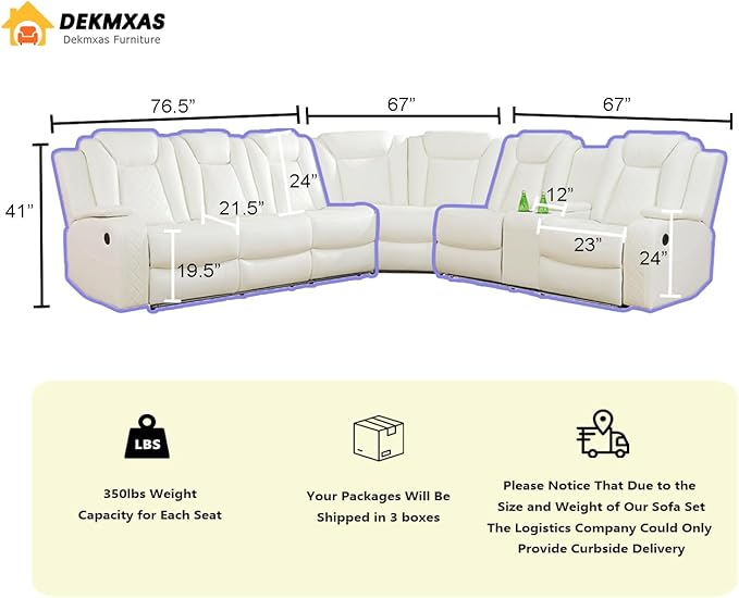 Dekmxas Breathing Leather Power Recliner Sectional Sofa Couch with LED Light, Living Room Furniture Sets,Creamy White Power Reclining Sectional Sofa Set with Storage Console/Cup Holder for Living Room