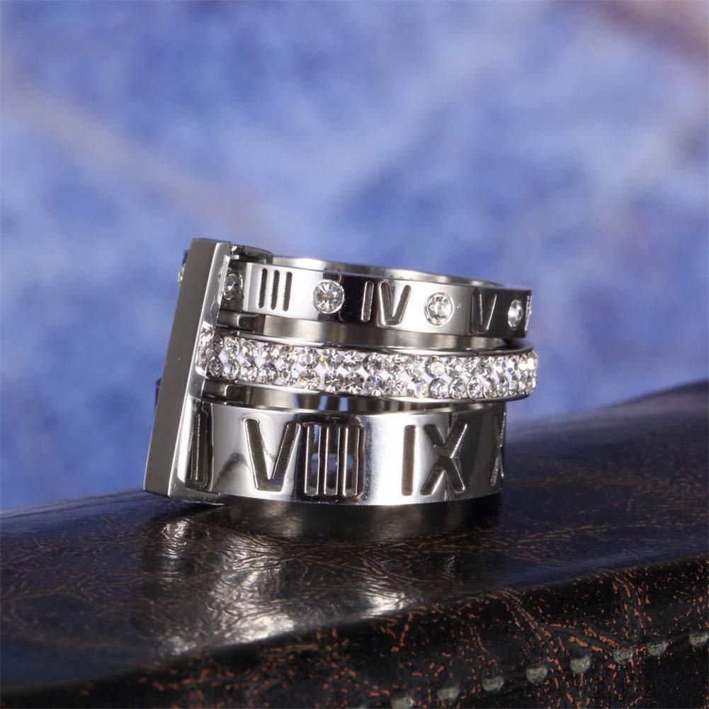 Jarlinwel Stainless Steel CZ Zirconia Roman Numeral Ring For Women Stacking Thumb 3 in 1 Spinner Rings (Silver, 7 Runs small)