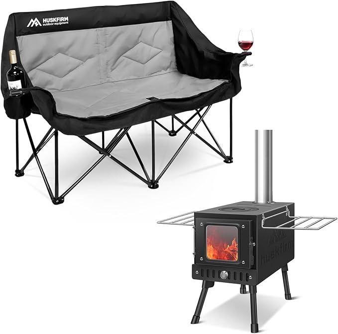 Huskfirm Double Camping Chair Oversized Loveseat & Wood Burning Stove Folding Wood Stove for Tent, Cooking, Courtyard, Cam...