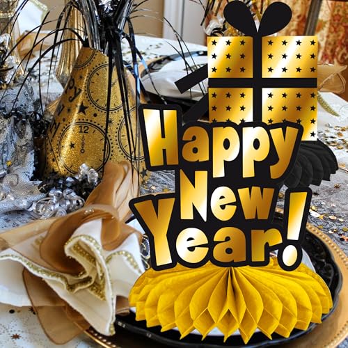 Happy New Year Honeycomb Centerpieces 2026 New Year's Eve Table Decorations 12Pcs New Year Theme Party Supplies Black and ...