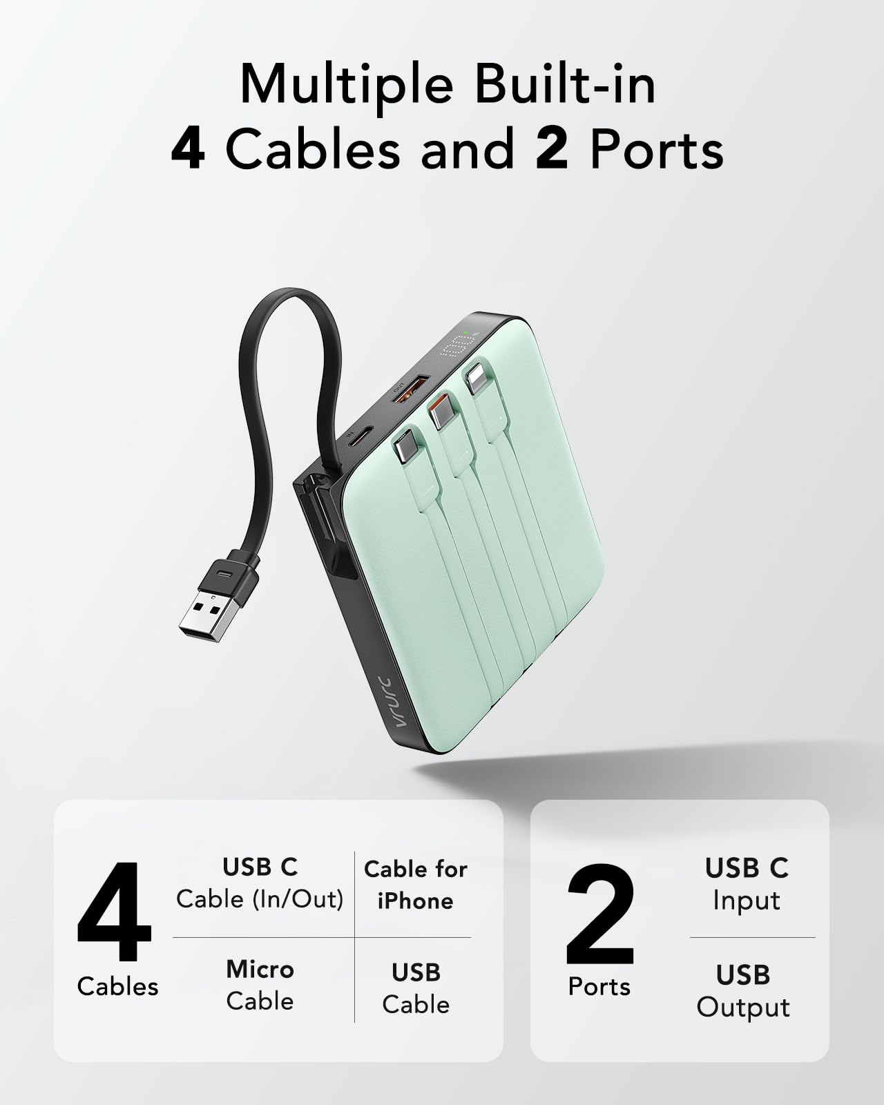 Vrurc Portable Power Bank Built-In Cables, 20000Mah 22.5W Fast Charging Usb C Battery Pack, Phone Charger Battery, For Iphone 16