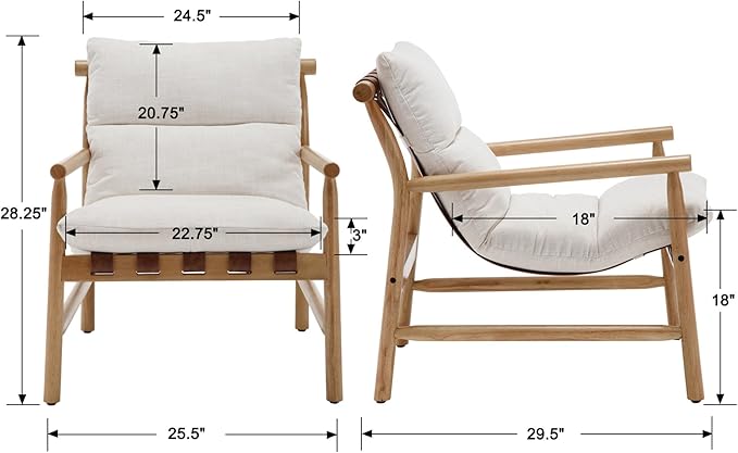 Linen Accent Chair Set of 2 Mid Century Modern Living Room Chairs Comfy Arm Chair with Solid Wood Frame Upholstered Lounge Reading Chair Cozy Recliner for Bedroom/Guest Room, Beige…