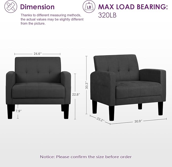 TYBOATLE Accent Chair, Living Room Chairs, Cozy Tufted Mid Century Modern Accent Chairs with Arms for Bedroom, Comfy Reading Arm Chair,Small Chairs for Small Spaces,Living Room,Office (1, Dark Grey)