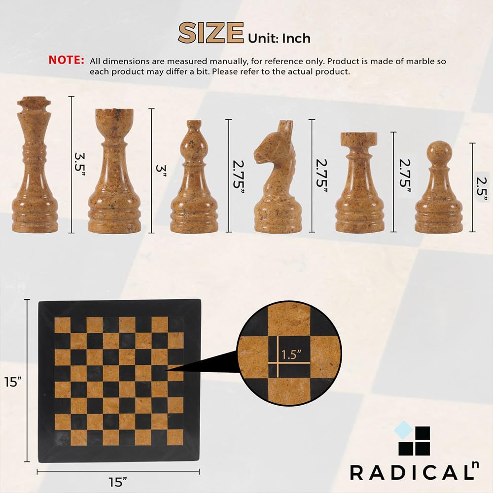 Radicaln Marble Chess Set 15" Inches Black and Golden Handmade Luxury Board Games for Adults, Ideal Marble Chess Board Game Set & Chess Pieces