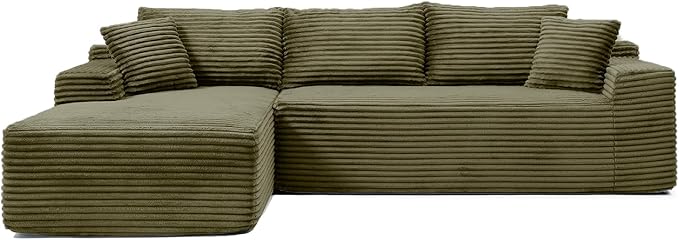 108" Cloud Sectional Couch,Modern Modular Sectional Sofa with Deep Seat,Corduroy Boneless Couches with L-Shape Chaise for Living Room,No Assembly Required (Green, Left Facing Chaise)