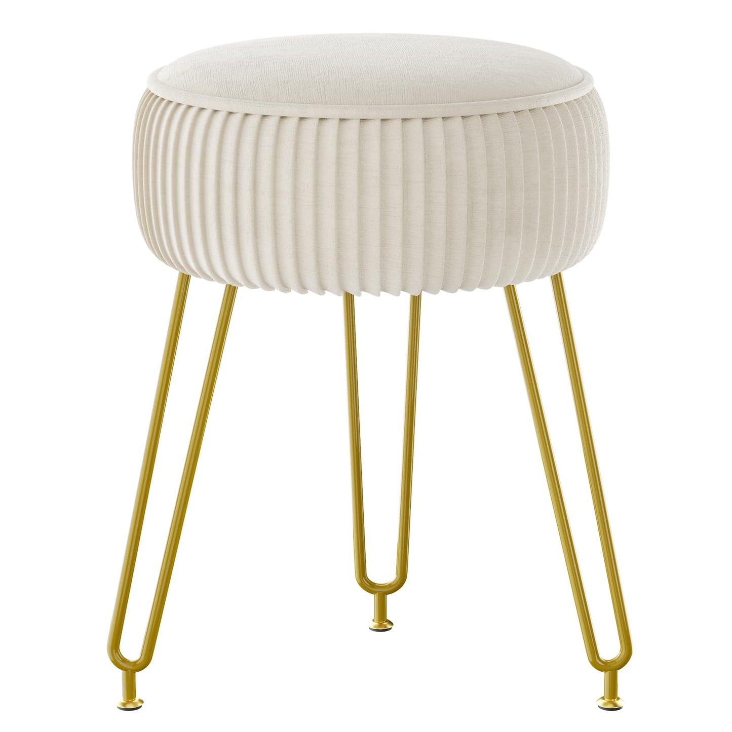 IBUYKE Velvet Round Footrest Stool Ottoman, Makeup Vanity Stool Side Table, Velvet Dressing Table Seat, Pouf Couch Stool, Golden Steel Legs, Creamy-White LG-30M