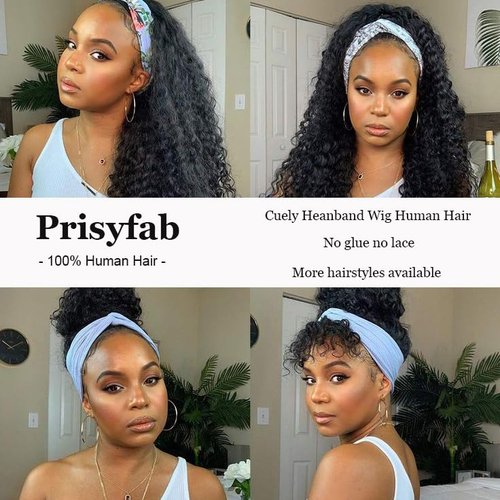 Prisyfab Curly Headband Wig Human Hair 20Inch Human Hair Headband Wig Glueless Wear and Go Human Hair Scarf None Lace Front Wigs 150% Density Natural Color
