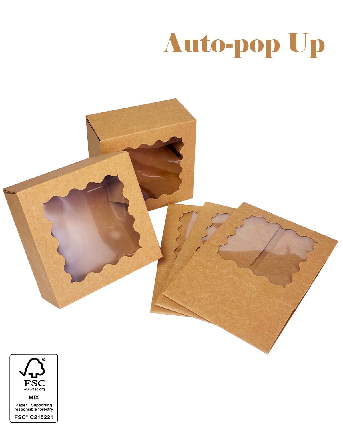 qiqee Auto-pop up 6x6x3 Inch Brown Cookie Box with Window 30Pcs Pastry Macaron Bakery Box For Packaging