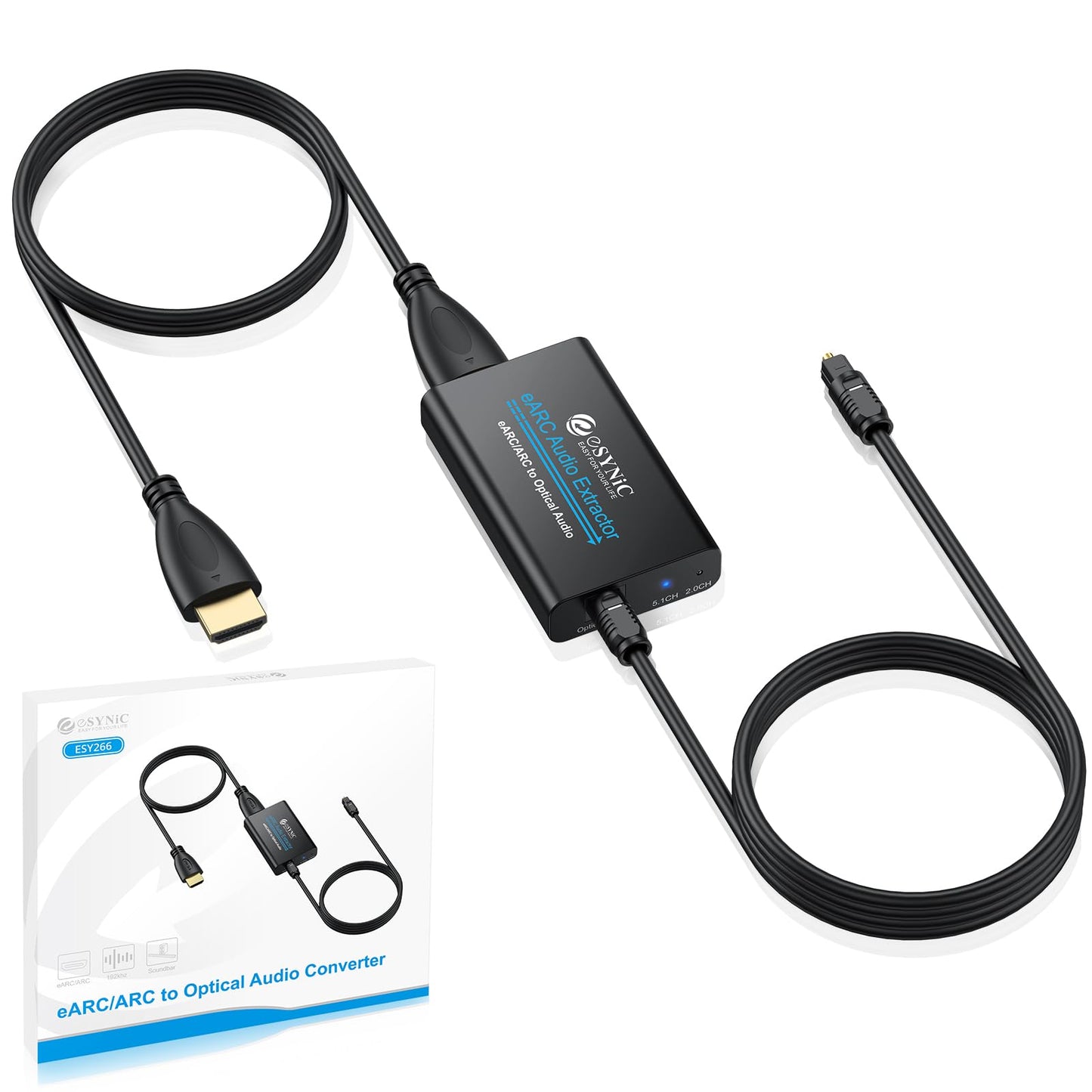 eSynic Professional eARC Audio Extractor-Only Work for HDTV ARC/eARC Ports-192KHZ ARC to Optical Audio Adapter-Easy to Setup-7ft Long-Dolby5.1 & DTS 5.1 Formats-from HDTV to Optical Soundbar-No CEC