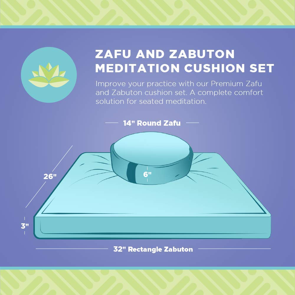 Meditation Cushion Mat Set - Large Oval Zafu Floor Pillow Organic Buckwheat Pillow + Cotton Filled Zabuton Prayer Pad - Meditation Pillow Yoga Knee Pad - Made in USA - 18" Oval, AQUA Cotton