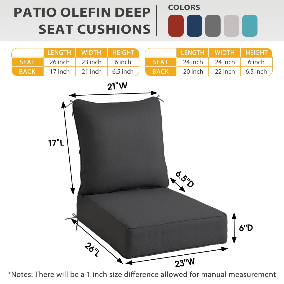Sundale Outdoor Olefin Deep Seat Cushion Set of 2, Patio Chair Cushion and Pillow, Water-Resistant Sectional Sofa Pad with Straps Dark Gray, 23 x 26 x 6 Inches