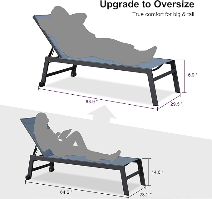 PURPLE LEAF Outdoor Chaise Lounge Set for 2 Oversized Pool Lounge Chairs with Easy-to-Move Wheels and Adjustable Backrest Extra Large Patio Loungers for Poolside Deck Beach Yard Table Included, Indigo