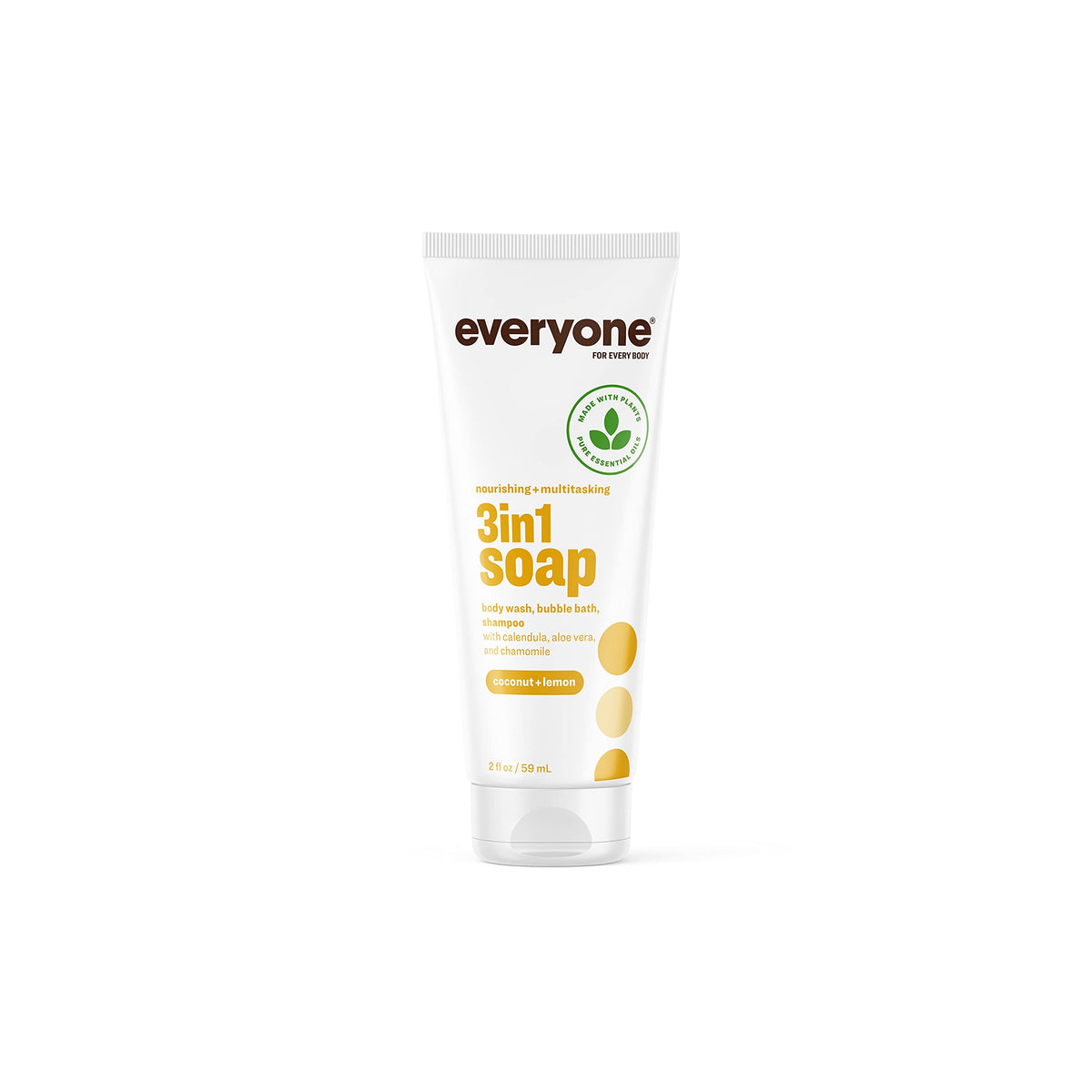 Everyone 3-in-1 Soap Body Wash, Bubble Bath, Shampoo, Travel Size, 2 Ounce (Pack of 1), Coconut and Lemon, made with Essential O