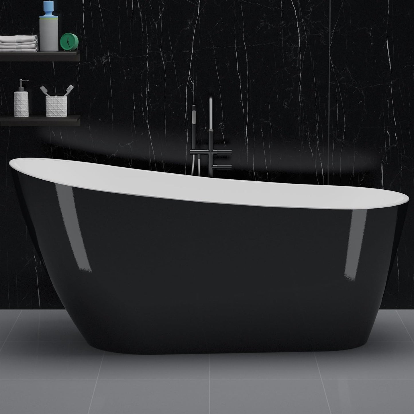 67 Inch Freestanding Bathtub, Acrylic Free Standing Bath Tub with Chrome Drain Kit, Deep Soaking Stand Alone Tub for Adults, Modern Bathroom Tub, Black Exterior, White Interior