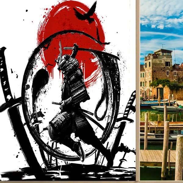 Japanese Samurai Decorative Window Film Watercolor Ink Samurai Sword Red Sun Printdining Room Window Film,Dorm Room Glass Film 35.4Wx78.7L-Inch X1Pcs