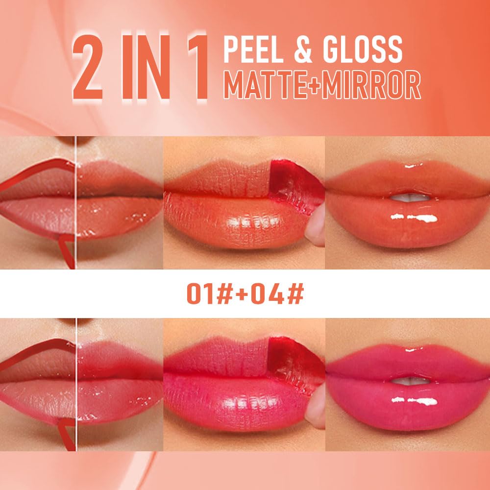 2Pcs Peel Off Lip Gloss Tattoo and Lip Oil 2-in-1, Lip Stain Peel Off Masque - Peel Off Lip Tint ,Long Lasting Waterproof Transf