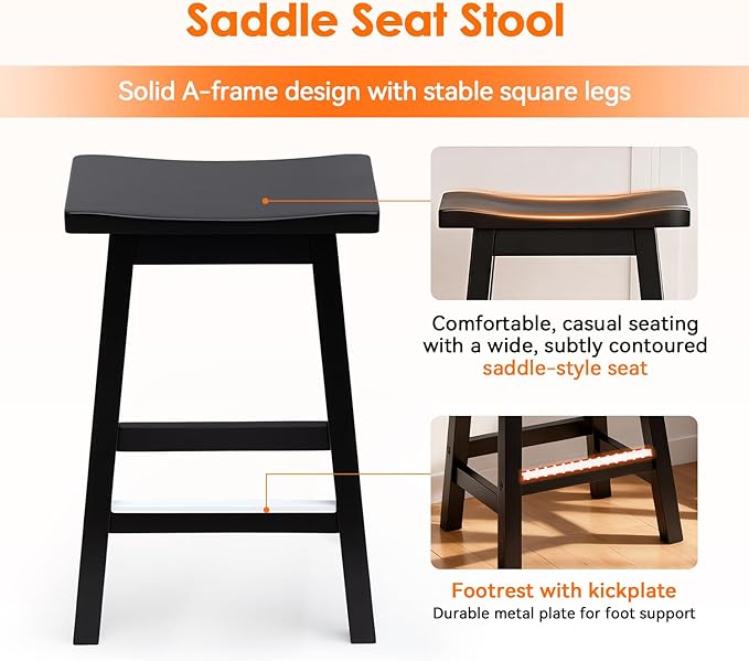 PayLessHere Bar Stools Set of 2, Wooden Saddle Stools 24 Inch Heigh, Bar Chairs Seat with Footrests and Industrial, Kitchen Counter Stools for Restaurant, Bistro Bar and Home Dining