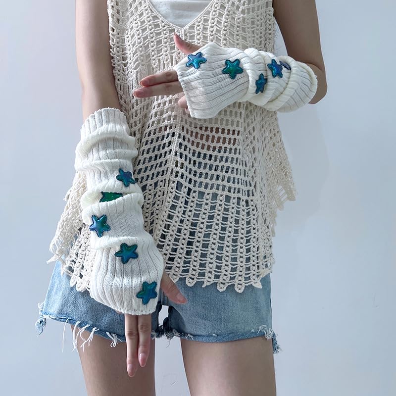 POHADON Women's Y2k Knit Arm Warmers Long Fingerless Mitten Thumb Hole Cute Star Gloves Japanese Harajuku Accessories (One Size,White)