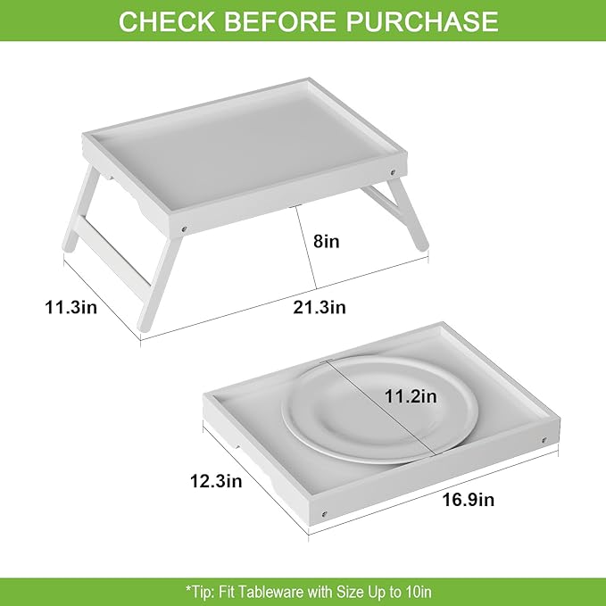 Youpehom Bed Tray Table with Folding Legs,Bamboo Breakfast in Bed for TV Table,Tray,Eating,Snack Tray,Laptop Computer (White, Large)