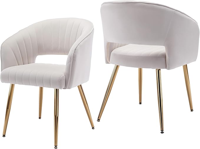 KCC Modern Accent Dining Chairs Set of 2, Upholstered Velvet Dining Room Chairs with Hollow Back, Tufted Kitchen Chairs Side Chairs with Gold Metal Legs for Living Room Restaurant, Cream