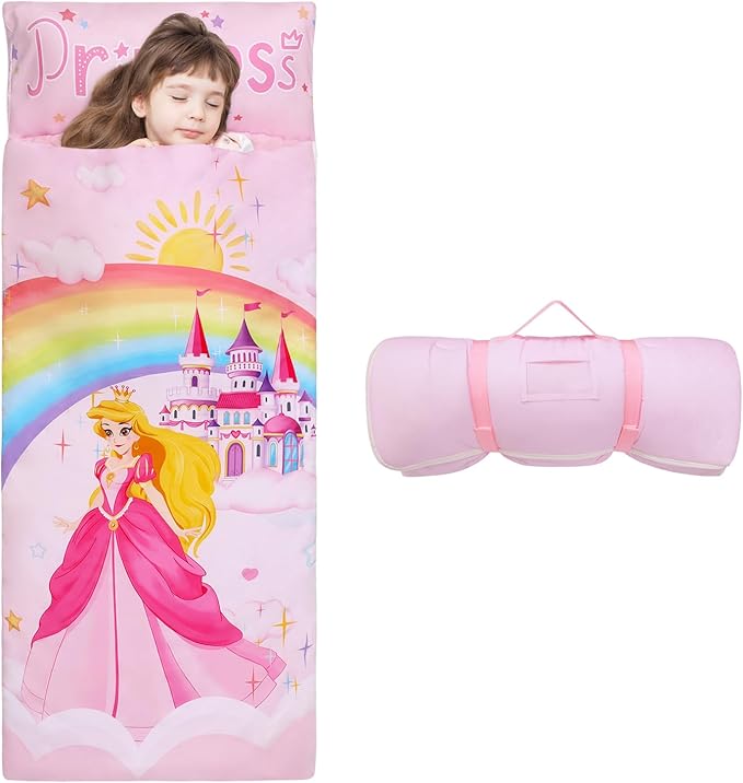 Kids Sleeping Bag Toddler Nap Mat with Removable Pillow, Large Foldable Sleeping Bag for Girls Boys, Easy Clean Slumber Ba...