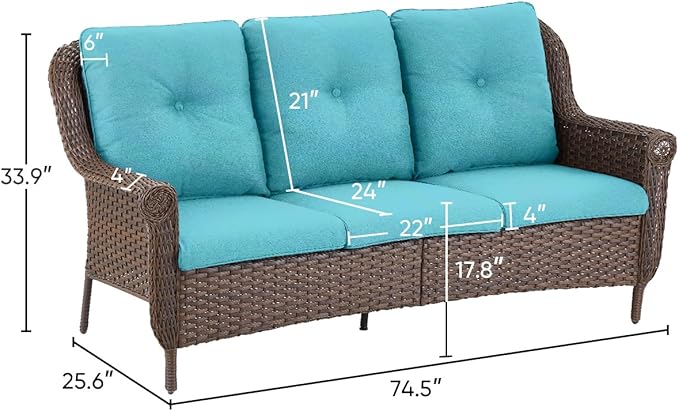 ACTREST Patio Sofa Outdoor Wicker Couch - Heavy Duty All-Weather Brown Rattan 3-Seater with High Back and Comfortable Thick Cushions for Garden Back Porch Poolside Apartment - Turquoise