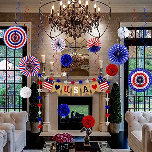 26Pcs Patriotic Decorations 4th of July Decorations LOVE USA Banner Red White Blue Paper Fans Star Streamer Pom Poms Hangi...