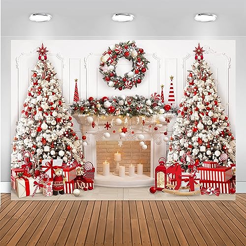 Mocsicka Christmas Fireplace Backdrop White Red Christmas Tree Photography Background Winter Fireplace Family Kids Holiday...
