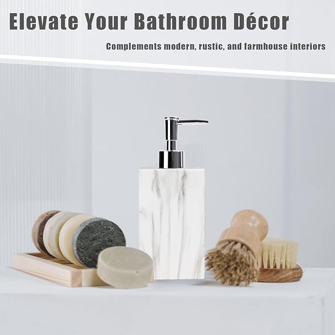 2-Pack Marble Look Resin Soap Dispensers, 16.9 oz Refillable Lotion Pump Bottles for Bathroom, Kitchen, Vanity, Office Sink Countertops – Durable, Moisture-Resistant Home Décor (White)